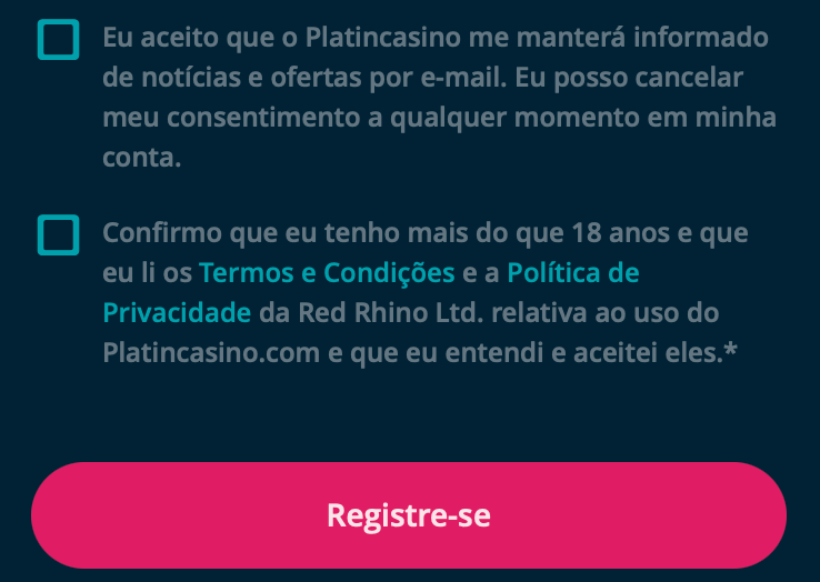 Aceitar os termos e condições do registo no PlatinCasino