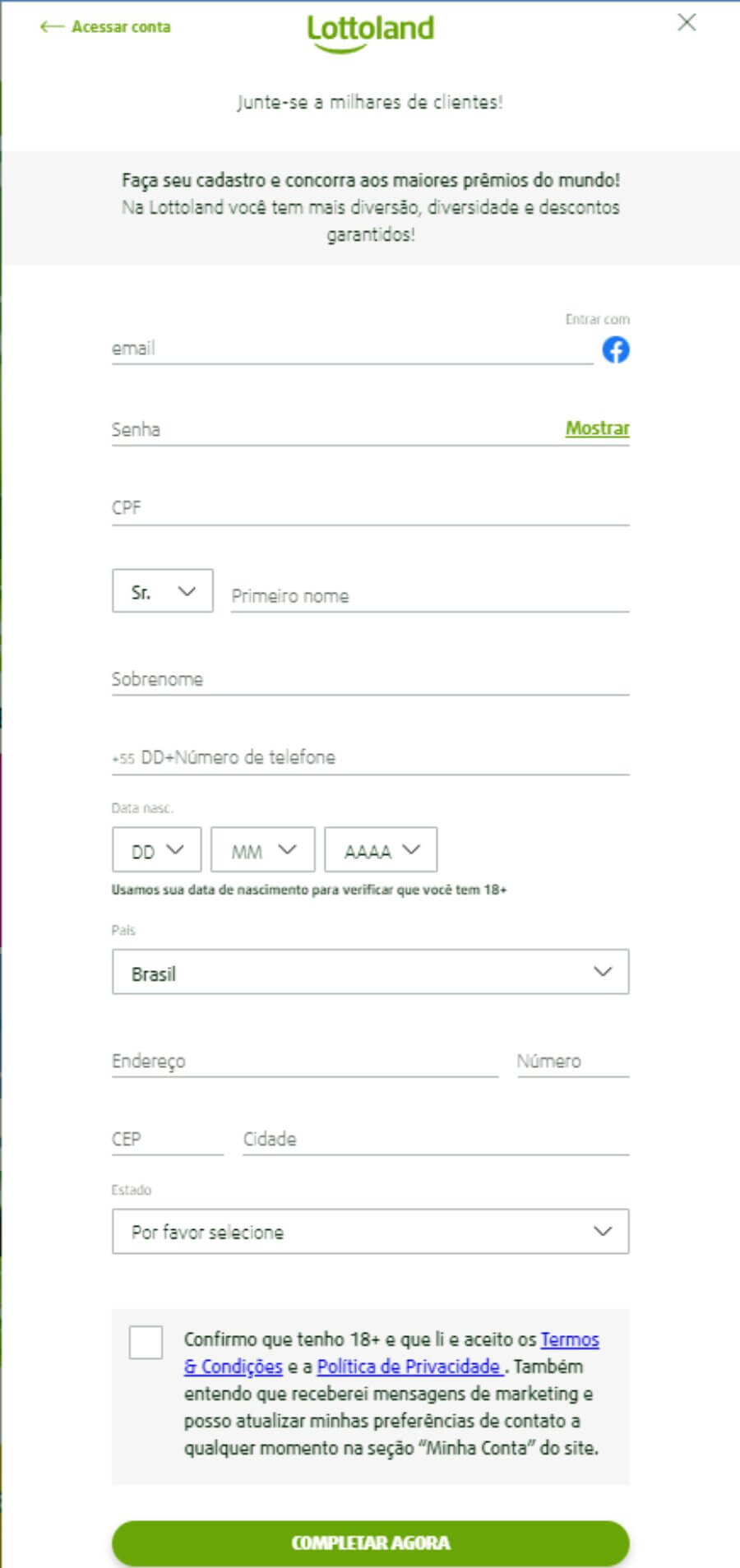 Criação de conta Lottoland Casino Brasil