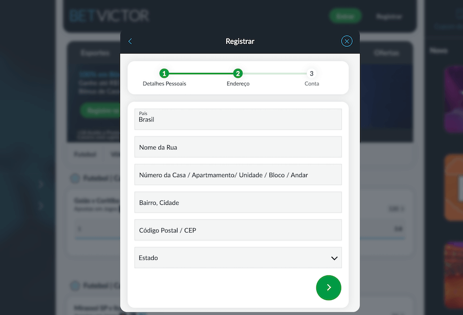 Formulário cadastro BetVictor