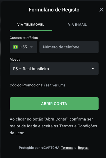 Formulário de registo via telemóvel Leon casino