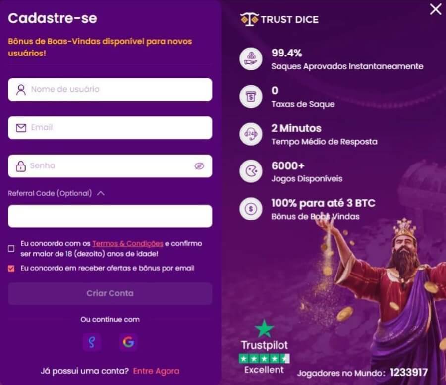 Registro Trustdice casino Brasil