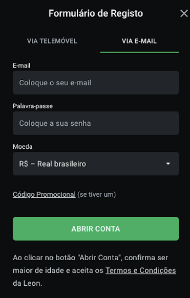 formulário de registo via e-mail Leon casino