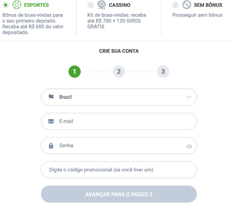 registo e escolha de bônus